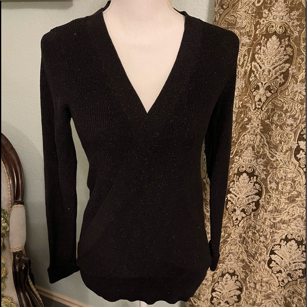 WHBM black shimmer faux wrap sweater.